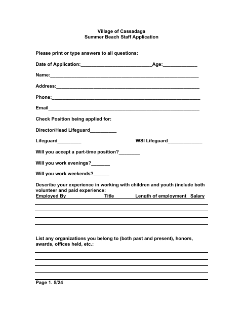 First page of the Summer Beach Staff Application