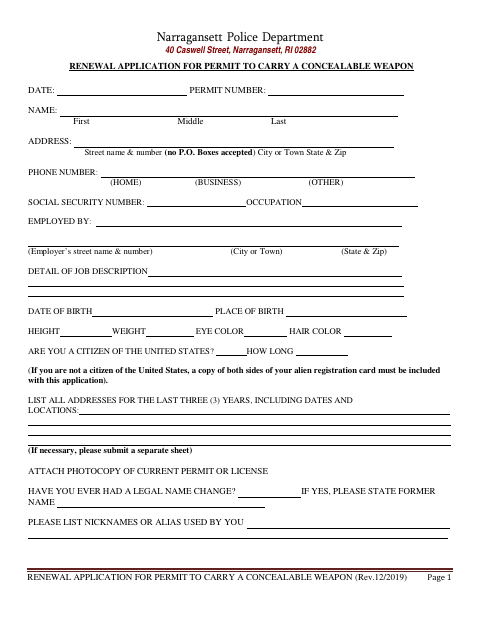 First page of the Renewal Application for Permit to Carry a Concealable Weapon