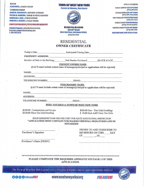 First page of the Residential Owner Certificate Application