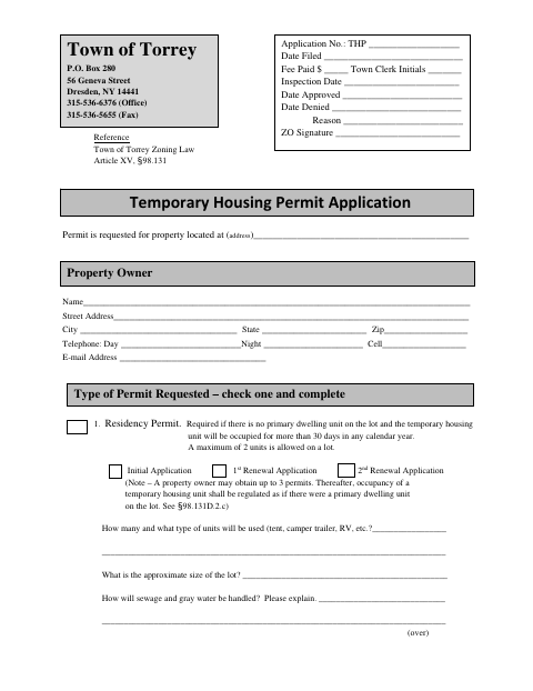 First page of the Temporary Housing Permit Application