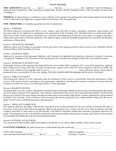First page of the Escrow Agreement