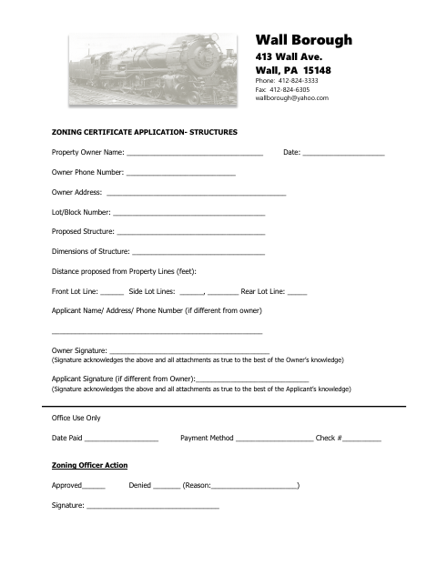 First page of the Zoning Certificate Application — Structures