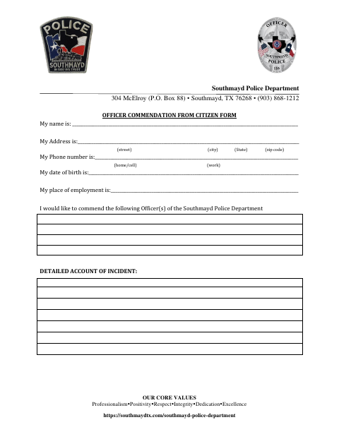 First page of the Officer Commendation From Citizen Form