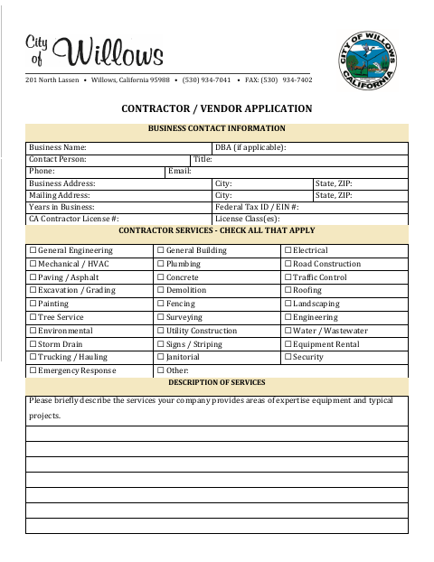 First page of the Contractor / Vendor Application