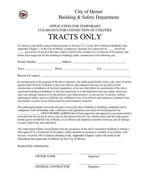 First page of the Application For Temporary Clearance For Connection Of Utilities Tracts Only