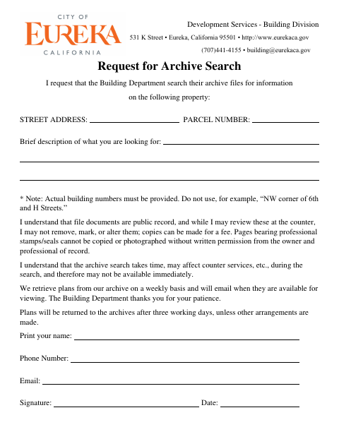 First page of the Request for Archive Search