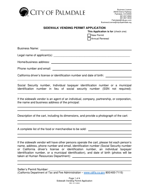 First page of the Sidewalk Vending Permit Application