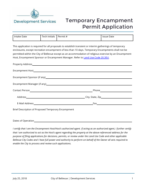 First page of the Temporary Encampment Permit Application