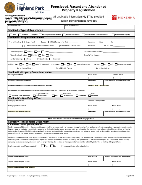 First page of the Vacant Property Registration
