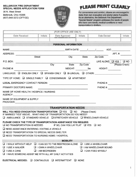 First page of the Special Care and Needs Form