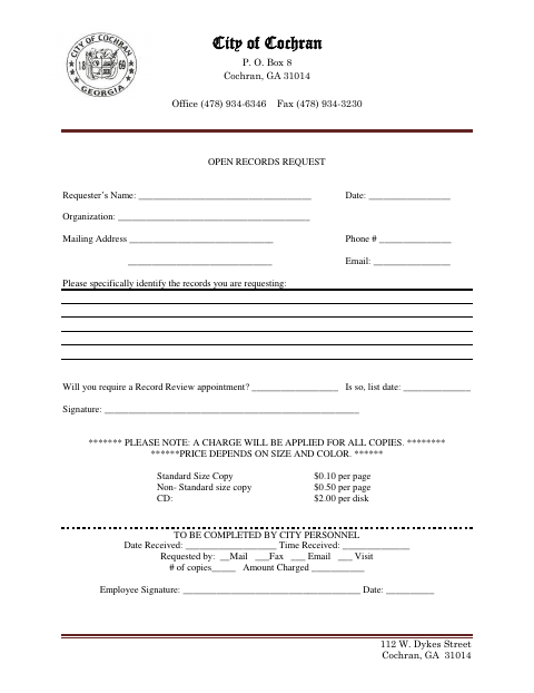 First page of the Open Records Request Form