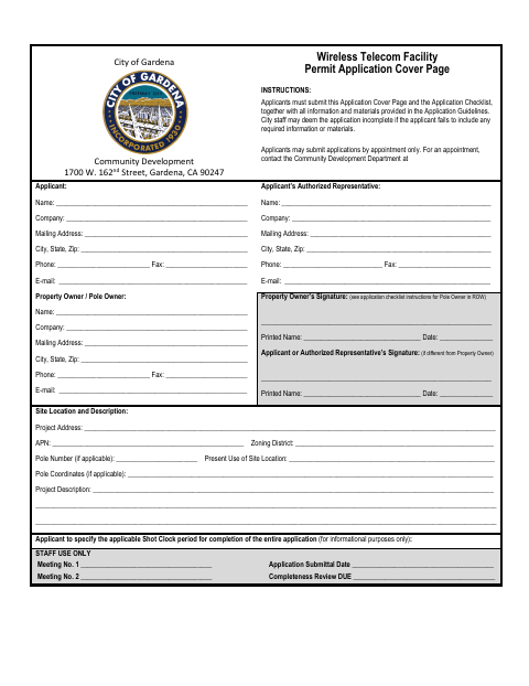 First page of the Wireless Telecom Facility Permit Application Cover Page