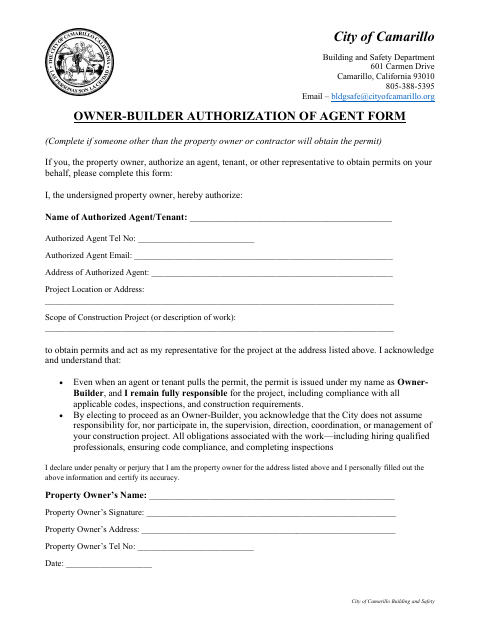 First page of the Owner-Builder Authorization of Agent