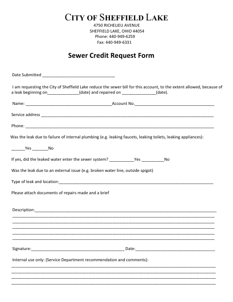 First page of the Sewer Credit Request Form