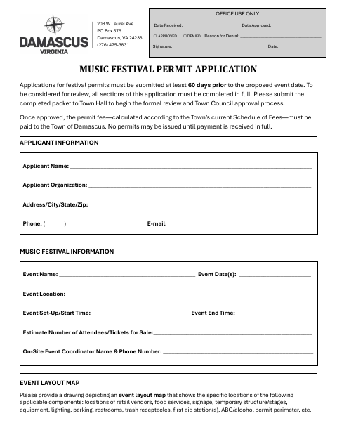 First page of the Music Festival Permit Application