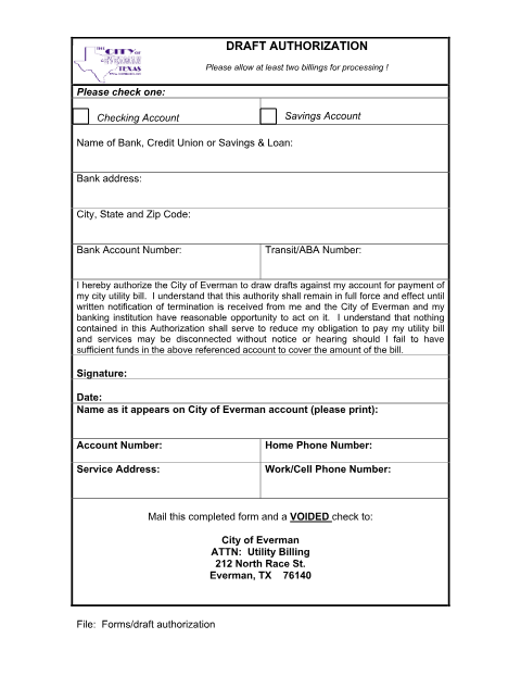 First page of the Draft Authorization (Utility Bank Draft)