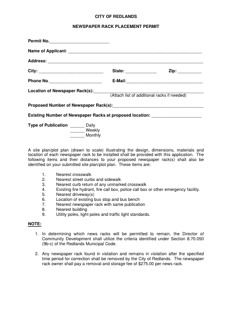 First page of the Newspaper Rack Placement Permit