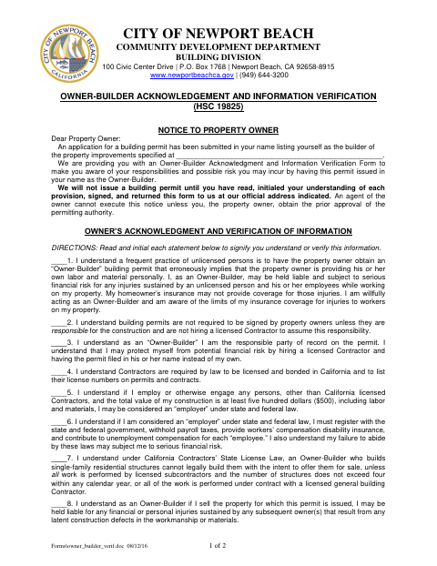 First page of the Owner-Builder Acknowledgement and Information Verification