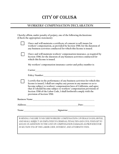 First page of the Workers’ Compensation Declaration