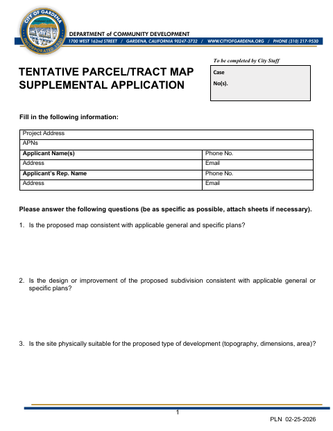 First page of the Tentative Parcel/Tract Map Supplemental Application