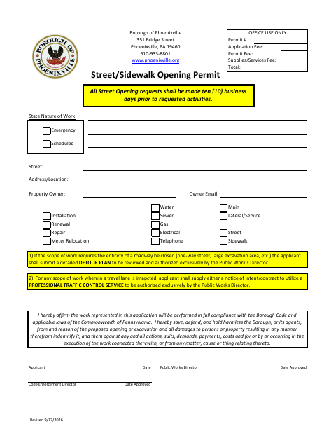 First page of the Street/Sidewalk Opening Permit