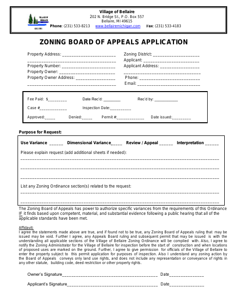 First page of the Zoning Board of Appeals Application