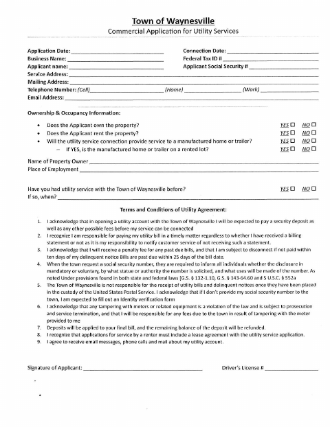 First page of the Commercial Application for Utility Services