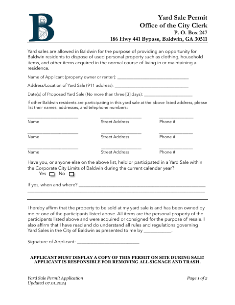 First page of the Yard Sale Permit Application