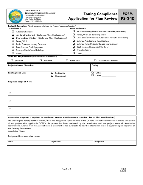 First page of the Zoning Compliance Application for Plan Review