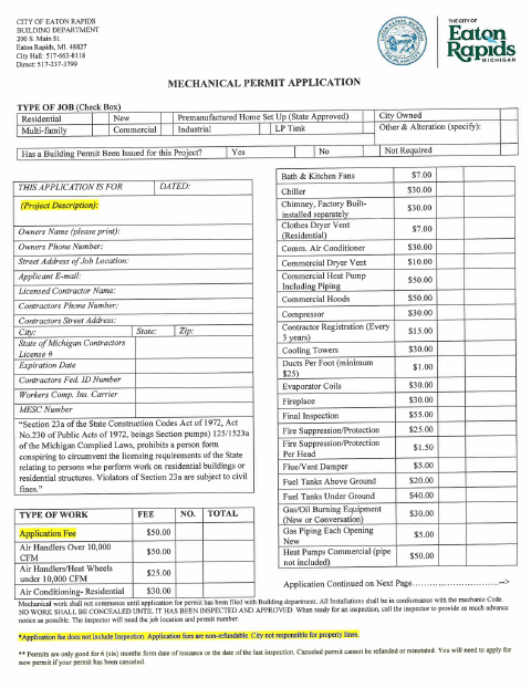 First page of the Mechanical Permit Application
