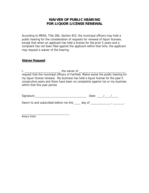 First page of the Waiver of Public Hearing for Liquor License Renewal