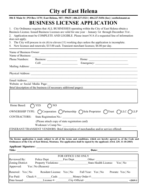 First page of the Business License Application
