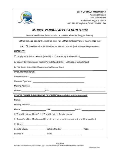 First page of the Mobile Vendor Application Form