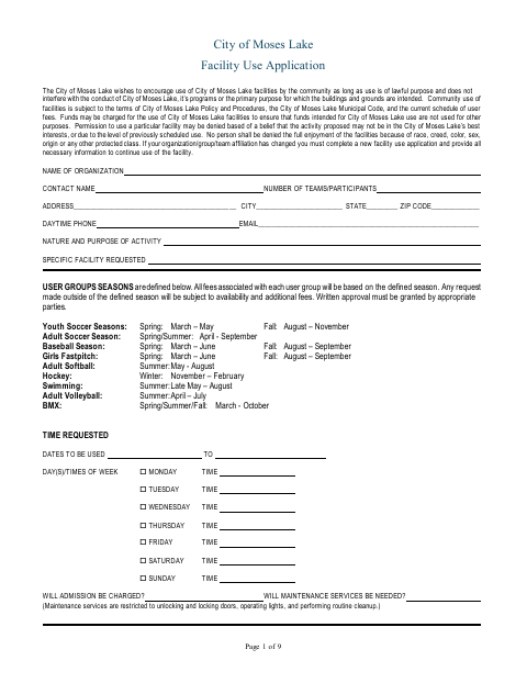 First page of the Facility Use Application