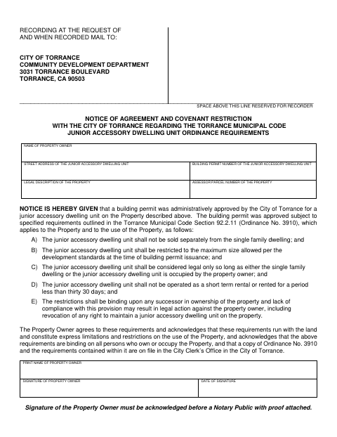 First page of the Junior Accessory Dwelling Unit Covenant Restriction