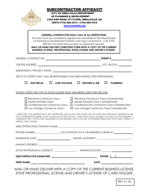 First page of the Subcontractor Affidavit