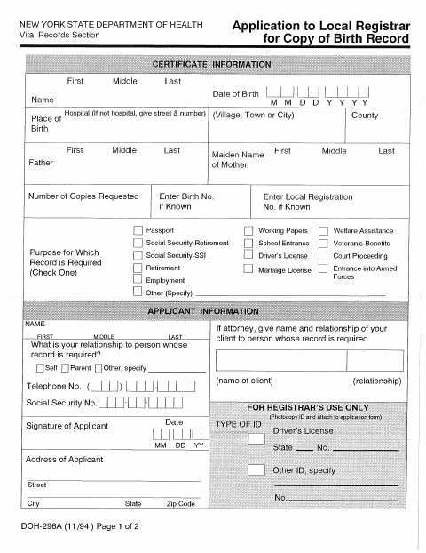 First page of the Application to Local Registrar for Copy of Birth Record