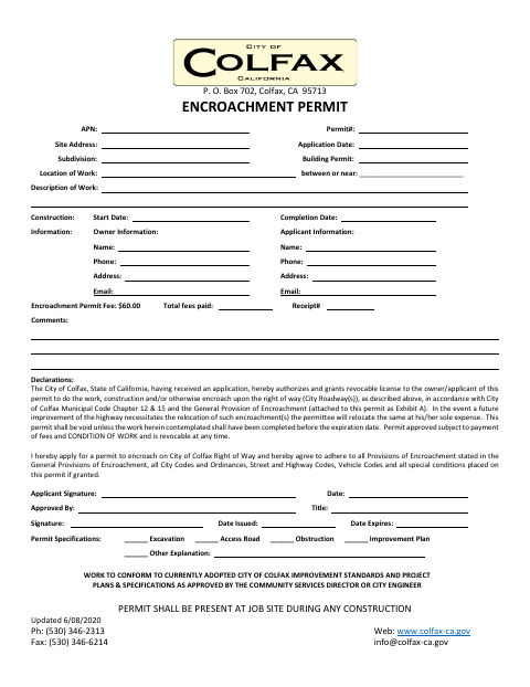 First page of the Encroachment Permit Application