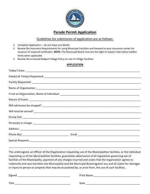 First page of the Parade Permit Application