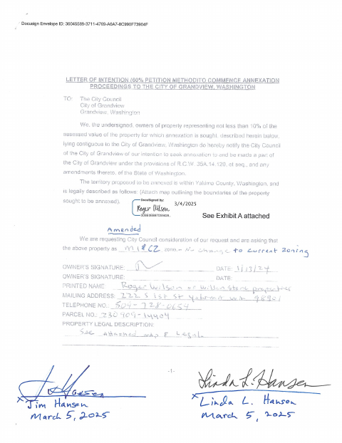 First page of the Letter of Intent and Petition for Annexation and Rezone