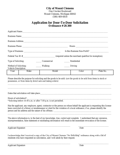 First page of the Application for Door-To-Door Solicitation