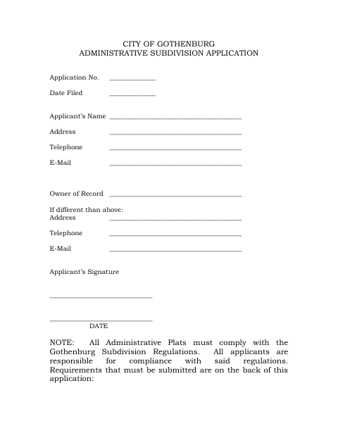 First page of the Administrative Subdivision Application