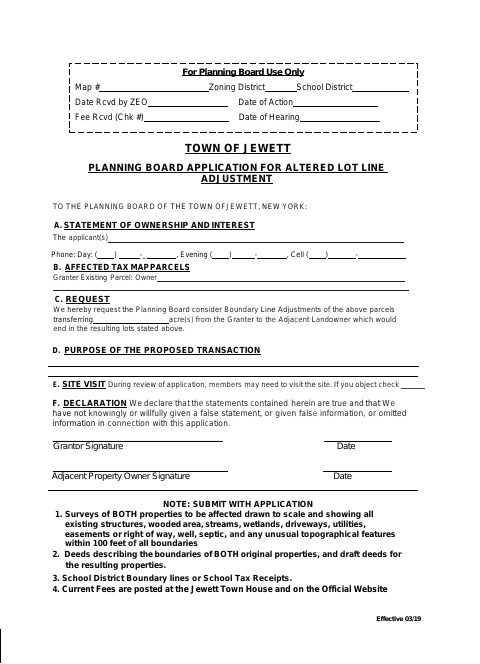 First page of the Application for Altered Lot Line Adjustment