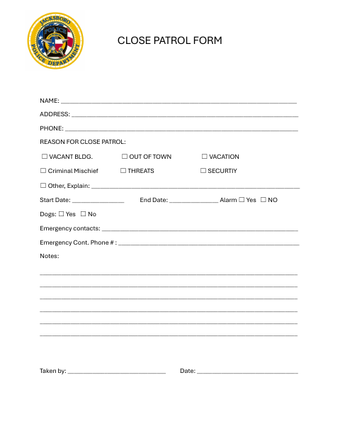 First page of the Close Patrol Form