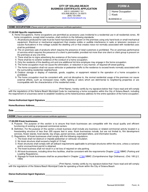 First page of the Form A – Home Occupation or Kiosk