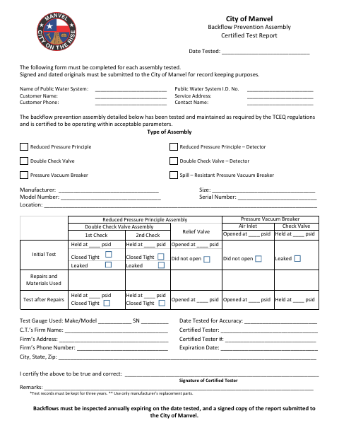 First page of the Backflow Prevention Assembly Certified Test Report