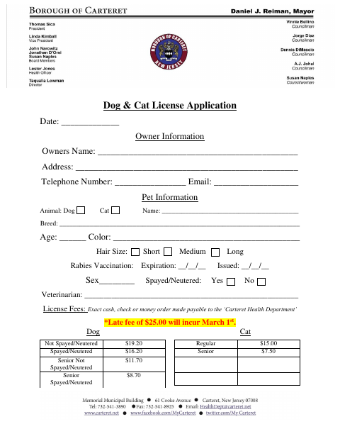 First page of the Dog & Cat License Application