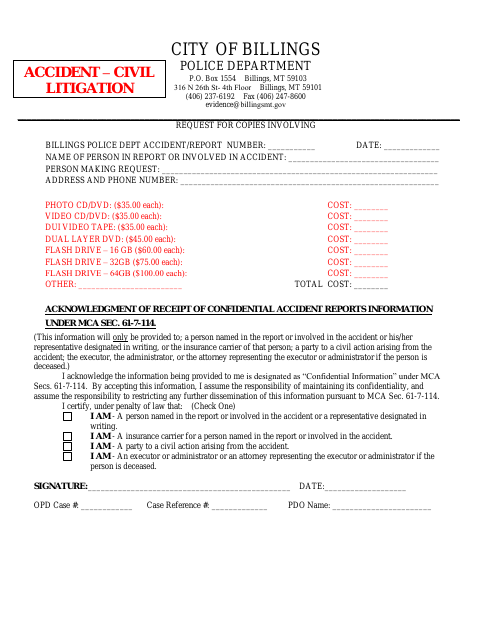 First page of the Request for Copies Involving Billings Police Department Accident