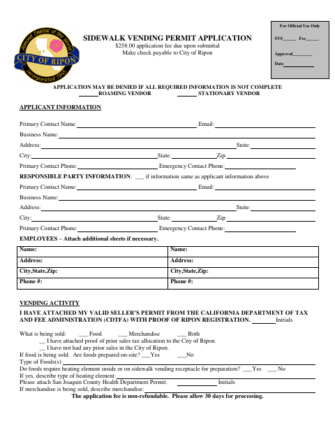 First page of the Sidewalk Vending Permit Application