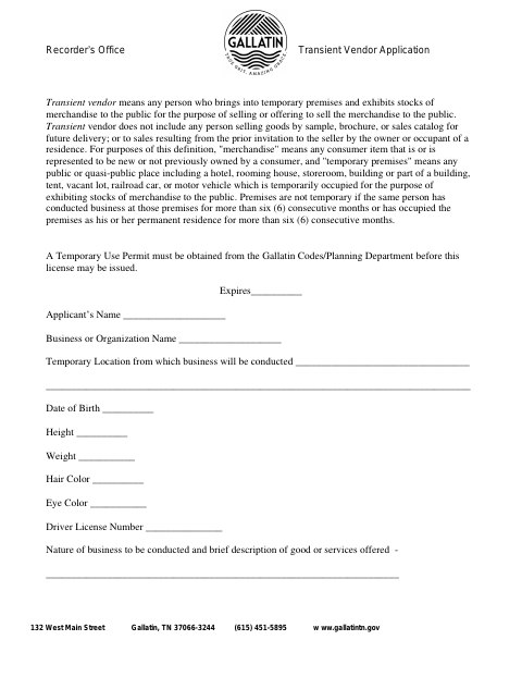 First page of the Transient Vendor License Application